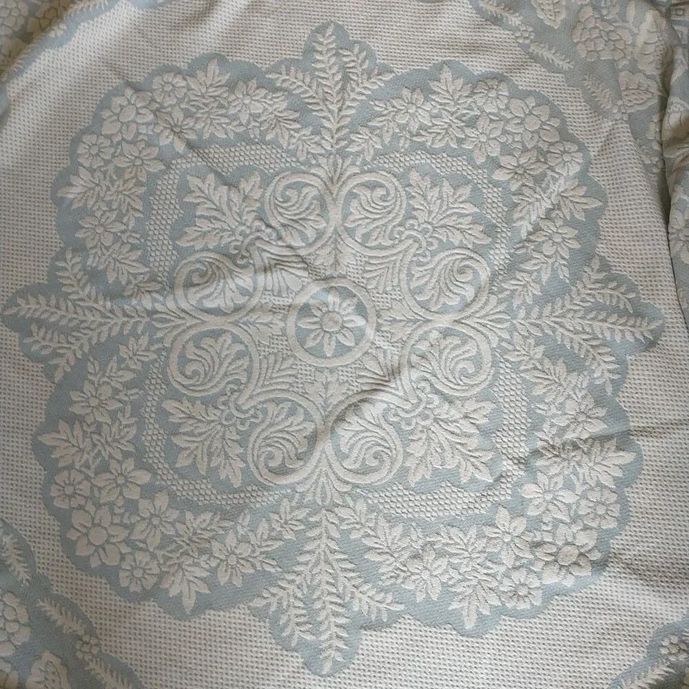 Vtg Bates? Bedspread Coverlet Full Blue Floral Jacquard Fringe Victorian MCM